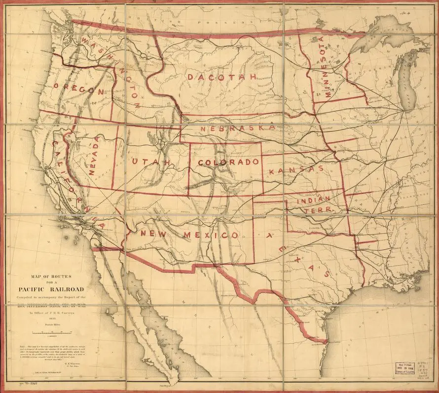 First edition of G.K. Warren's "hurried compilation," indicating the routes of the Pacific railroad surveys. The map was appended to the U.S. War Department's official report to Congress. (1857)