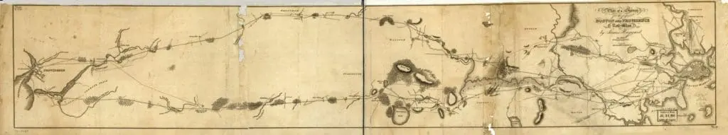 Right Half of James Hayward's 1828 plan of a survey for the proposed Boston and Providence Railway. This is the earliest topographic strip map in the Library showing a railroad survey. These lines were originally intended for horse drawn trains.