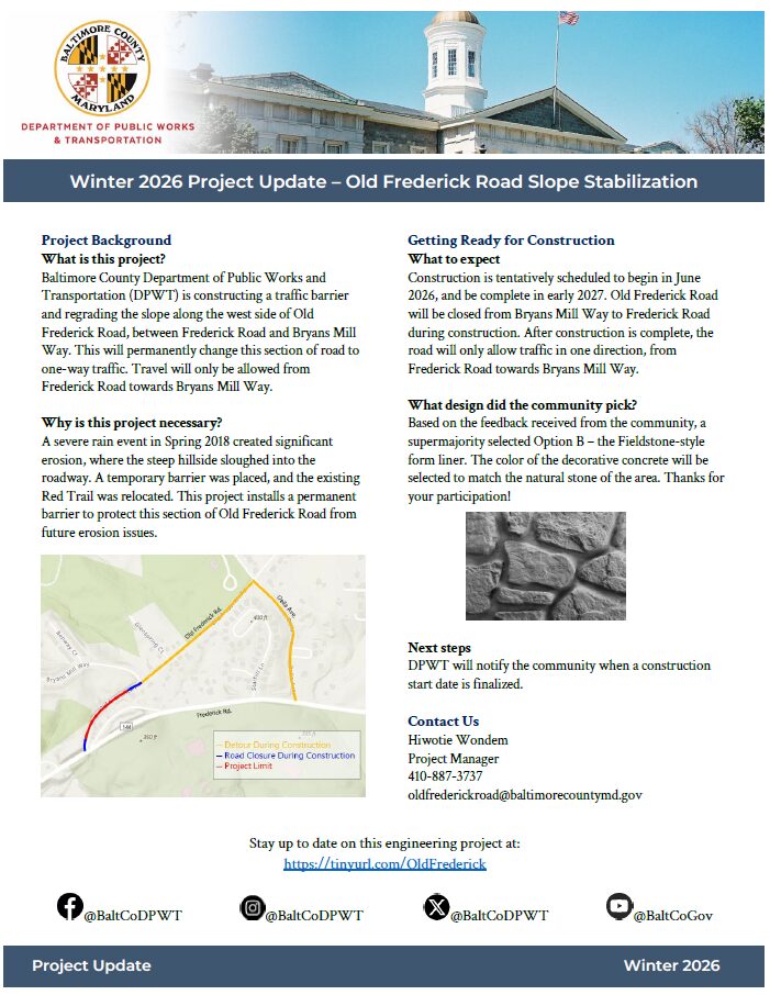 Baltimore County Department of Public Works and Traffic Old Frederick Rd construction map oella slope stabilization Newsletter 2026